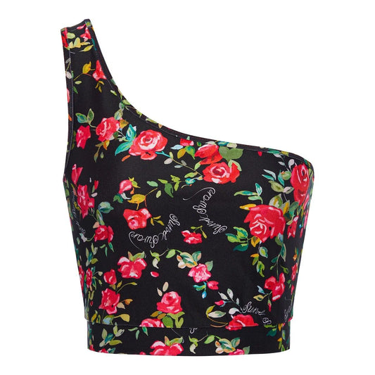 One-shoulder printed top with roses. black/red