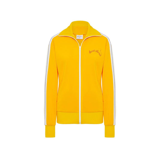 Yellow sports jacket with stripes and red logo