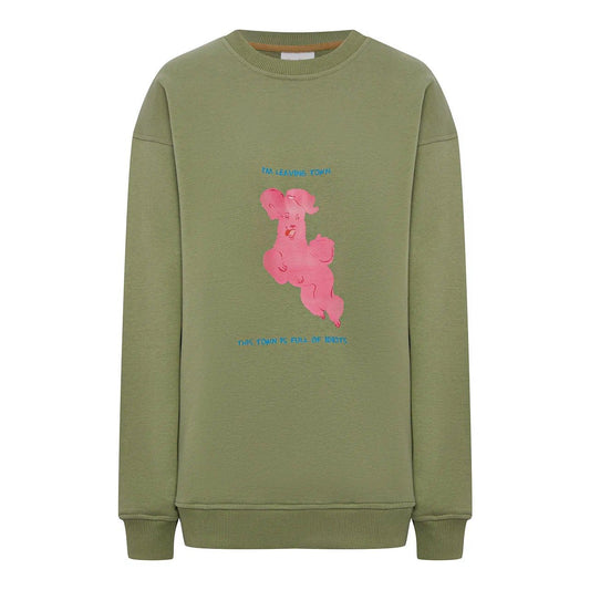 Cotton olive sweatshirt with the print of  "Funny Pink Poodle"
