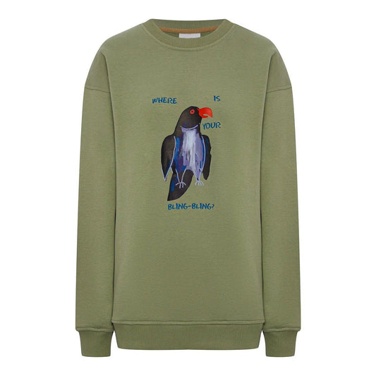 Cotton olive sweatshirt with the print of " The  bold Crow’