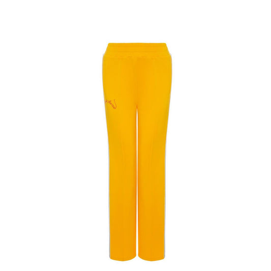 Yellow sports pants with stripes and red logo